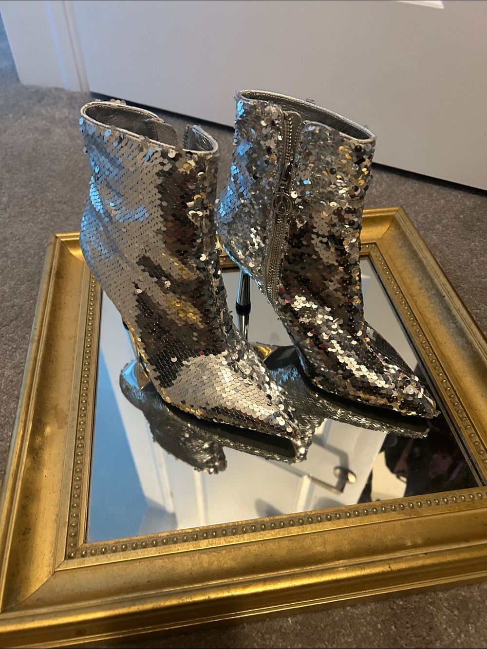 Women's Silver Sequin Pointed Toe Ankle Boots with Side Zip